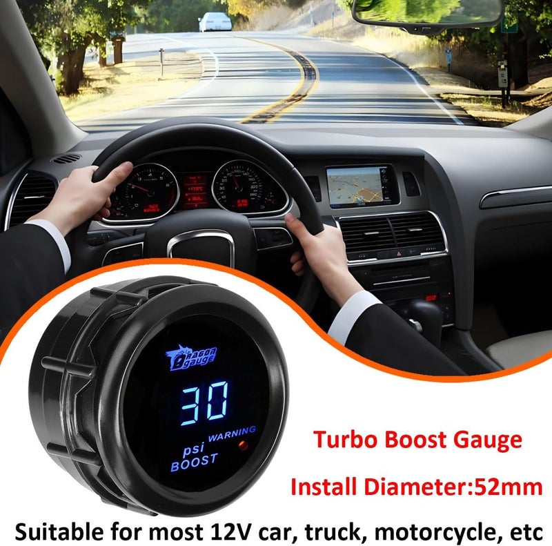 LKRXW Car Boost Gauge 12V Auto Boost Psi Gauge 2" 52mm Turbo Boost Gauges Meter Digital Blue Light Instruments -30-0 - 30 Psi Smoke Tint Len with Sensor - Image 3